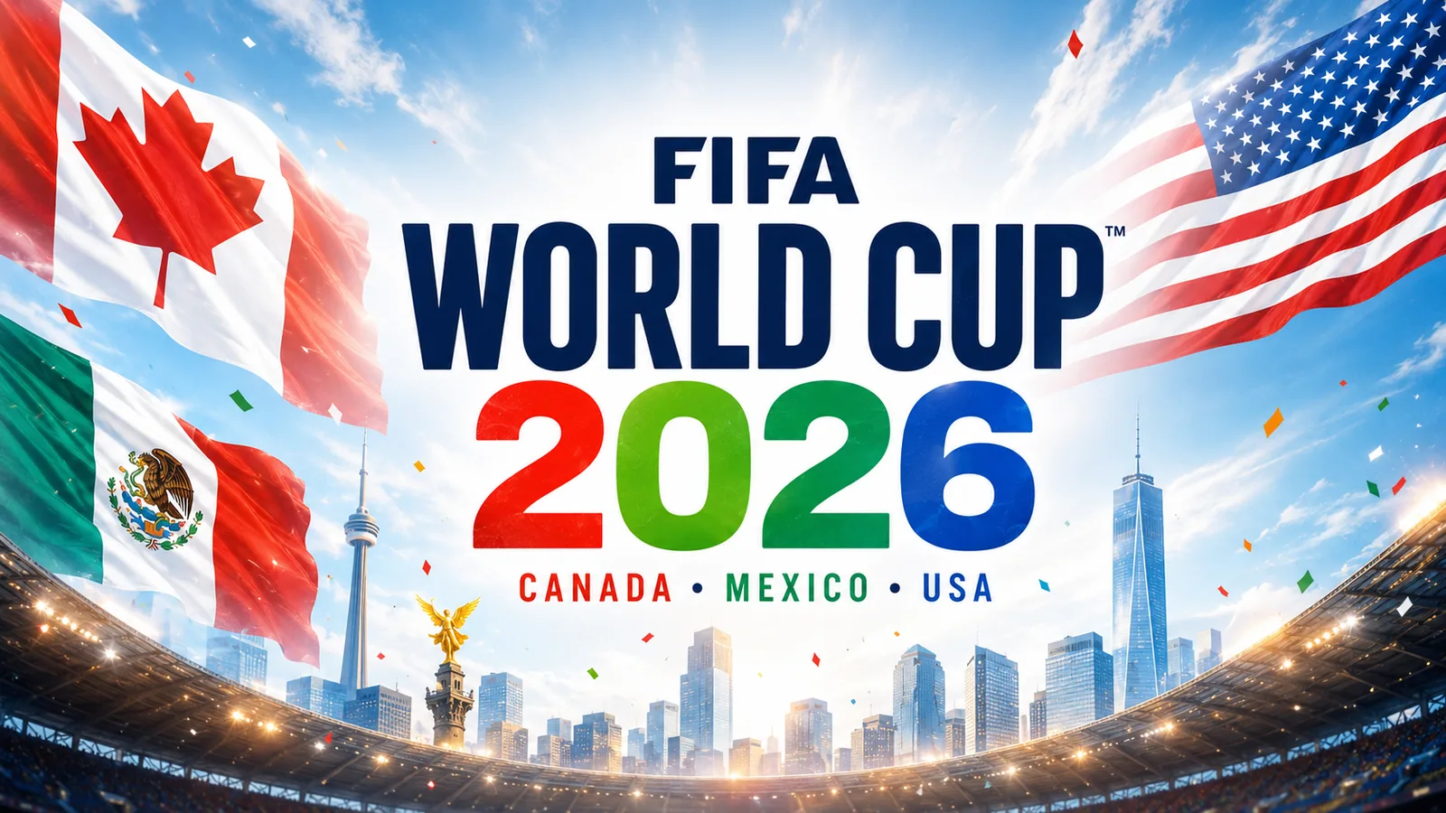 FIFA World Cup 2026 — Canada, Mexico, USA. Stadium and host-nation flags.